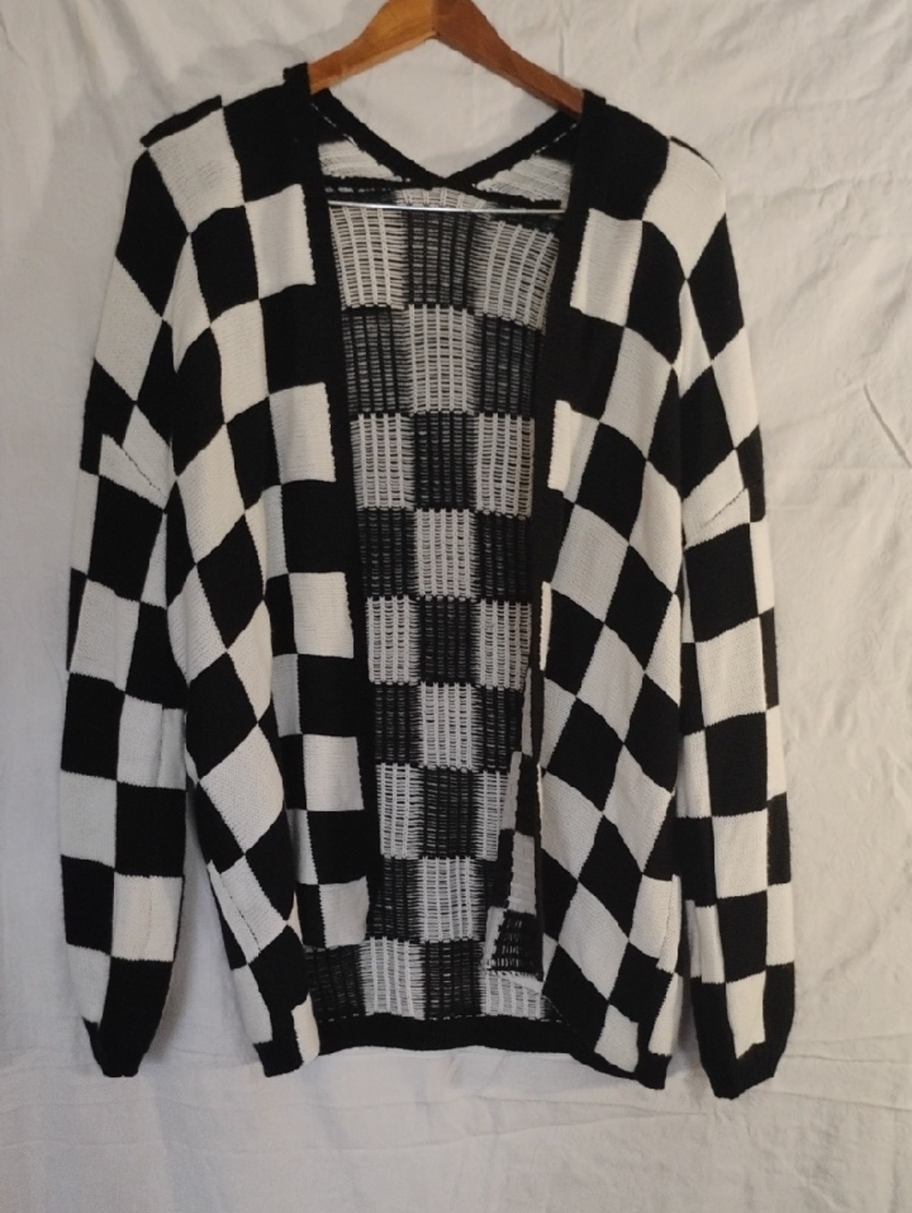 Open-Front Checkered Knit Cardigan - Black & White